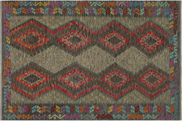 Flat Weave Kilim, Antique, Navaho, Vintage, Handmade, Geometric Kilim Red Charcoal Hand-Woven Rectangle 100% Wool Area Rug 6 x 8